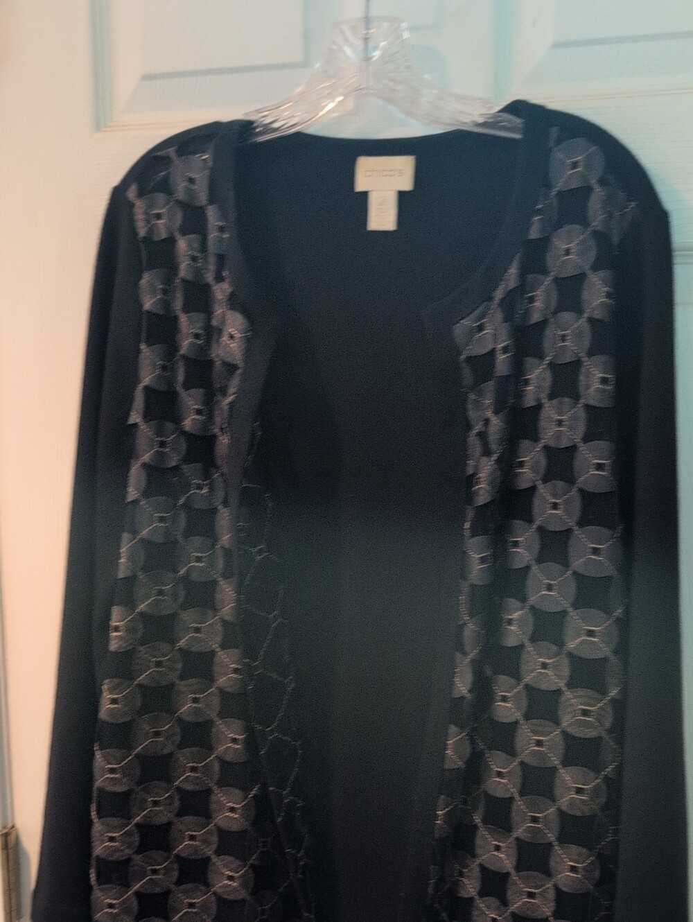 Chico's Black Cardigan with Metallic Gold Lattice Detail